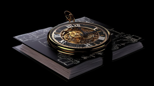 文案展示背景图片_黑色背景展示书籍和时钟的 3d 渲染