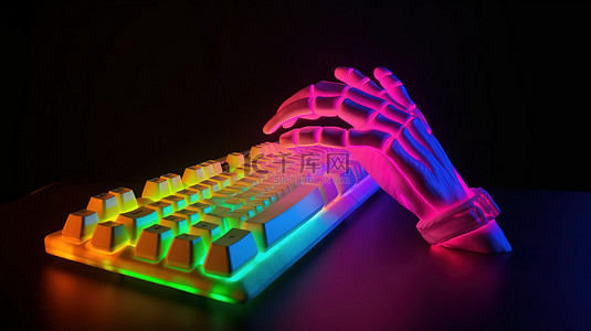 键盘打字的手背景图片_彩虹背光键盘，带有卡通手 3D 渲染，在带有 RGB 灯的键盘上打字