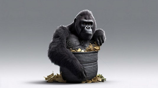 幽默的 3D 大猩猩抓住垃圾桶