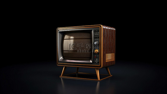 电视无信号背景图片_黑色背景上的老式电视图标 3D 渲染经典电视，无信号