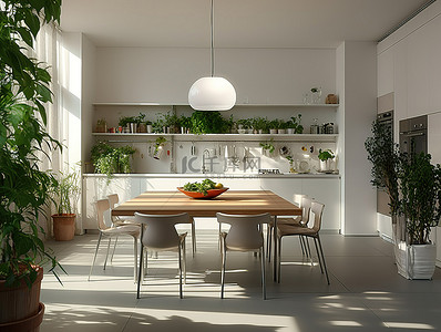 厨房配有桌子和一些盆栽植物