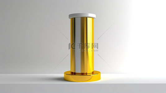 白色背景的三维渲染，具有抽象的讲台柱和闪闪发光的金色奖杯