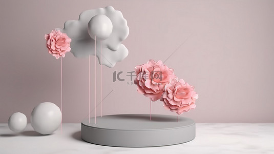 云平台背景图片_几何讲台悬浮在粉红玫瑰花园和灰色背景 3D 渲染上的卡通云中，具有充足的复制空间