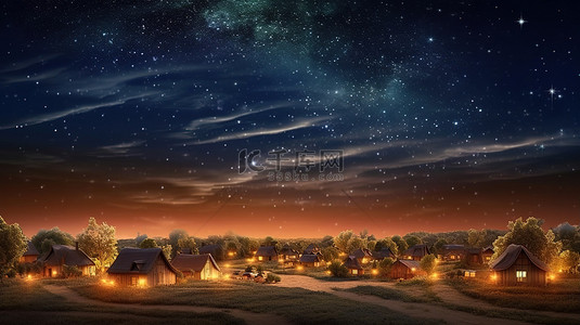 繁星点点的夜空照亮了村庄 3d 插图