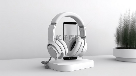 支模板背景图片_3D 渲染的智能手机和耳机显示在白色支架上