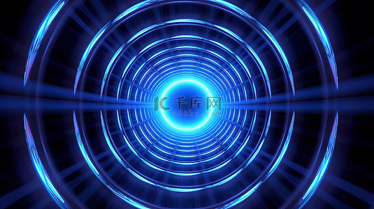 3D 抽象背景，蓝色霓虹灯线在万花筒插图中形成圆形隧道