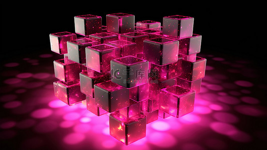 黑色背景下粉红色色调的 3D 渲染抽象立方体