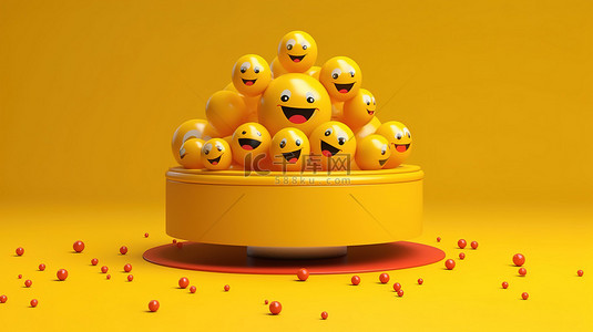 快乐的脸背景图片_3D 讲台上有一张激动的表情符号脸，背景中有欢快的表情符号气球