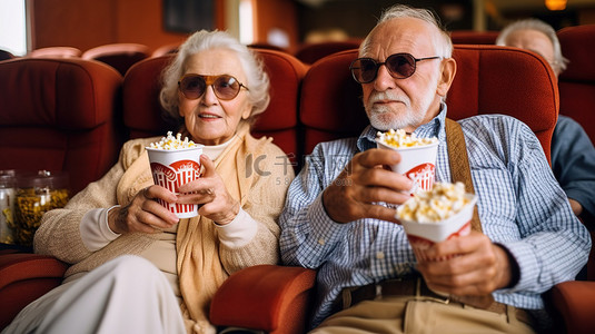 老夫妇戴着 3D 眼镜和沙发上的爆米花享受家庭电影之夜