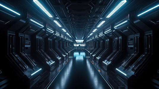 3d 霓虹灯发光的黑色宇宙飞船走廊的未来主义插图