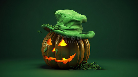 恐怖节日背景图片_节日 10 月 31 日戴着帽子的南瓜头在绿色背景的 3D 渲染中庆祝万圣节
