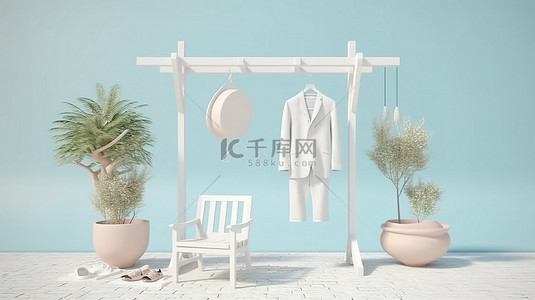 粉刷墙背景图片_粉刷的架子上椅子和衣架的柔和白色户外场景 3D 渲染