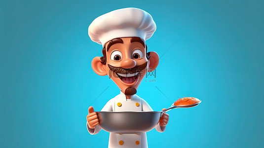 厨师烹饪背景图片_动画厨师与钢包和盘子喜气洋洋的 3D 插图