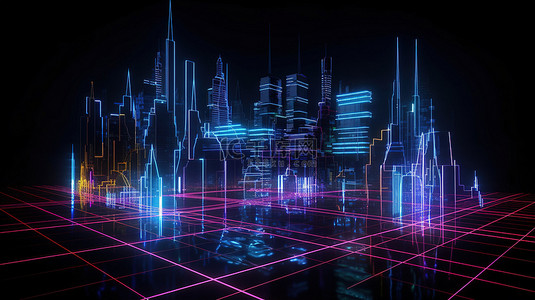 3D 渲染的夜间城市景观中的霓虹灯线框地面