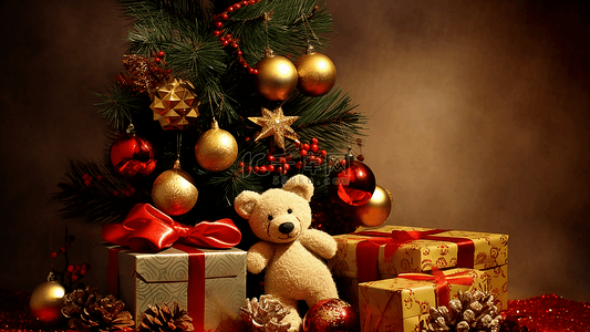 小熊卡通背景图片_圣诞节唯美冬季白色礼品小熊