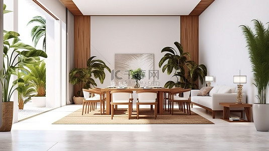 带热带用餐区的白色客厅的 3D 渲染和插图