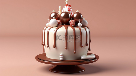 巧克力蛋糕的 3D 插图，带有白色糖霜和气球，在节日棕色背景上，祝圣诞快乐