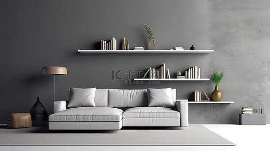 时尚沙发家具背景图片_现代客厅配有时尚沙发和 3D 可视化简约架子