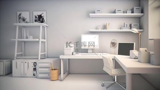 3d 渲染舒适的家庭办公室，配有电脑办公用品和时尚的装饰插图