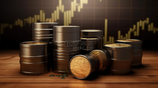 石油桶和美元硬币的 3D 插图展示了增长不断增长的图表