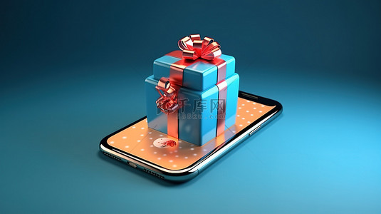 圣诞科技背景图片_在线商店智能手机屏幕上节日礼品盒的卡通风格 3D 插图