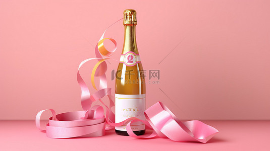 圣诞彩带背景图片_粉红色背景的 3D 渲染插图，装饰着派对彩带和白色香槟瓶