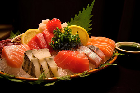 一碗寿司的生鱼片晚餐