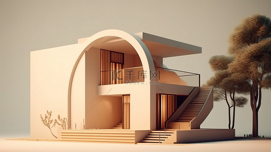 现代最小的房子与天然游乐场建筑 3D 渲染