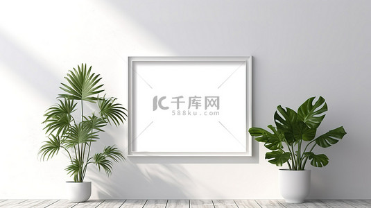 图形框架背景图片_简约的黑色框架展示，叶影和阳光映衬在 3D 渲染的白墙背景上