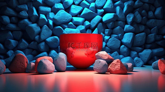 红色的主色调背景图片_带有岩石和罐子的几何形状在 3D 渲染中发出鲜艳的红色和蓝色的发光色调