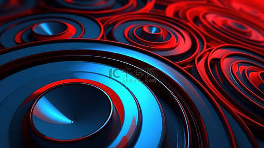 红色和蓝色同心圆作为背景的抽象 3D 渲染