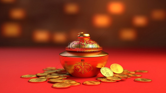 农历新年销售灯笼和 3D 渲染金币锭