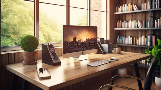 办公室环境中带有台式电脑模型的现代办公桌的 3D 渲染