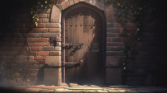 楚楚街入口图背景图片_3d 渲染中带木门的砖墙