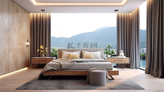 现代化的卧室内饰，带有 3D 渲染的自然气息