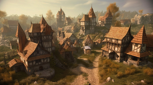 中世纪城堡背景图片_3d 渲染中具有复杂建筑的数字中世纪村庄的插图