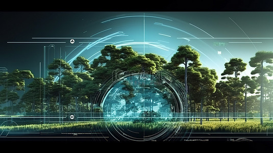 商业信息展示背景图片_通过 3D 渲染在未来屏幕上展示风景和树木