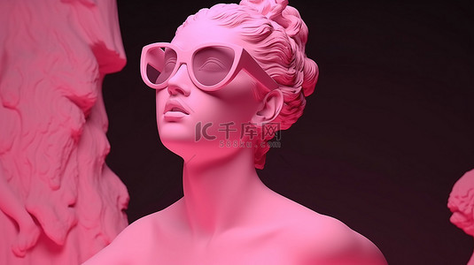 现代波普艺术风格 3D 插图金星女神雕塑戴着粉色太阳镜