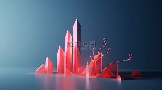 进步和发展创意商业概念，用蓝色背景上红色箭头的增长图的 3D 渲染来说明
