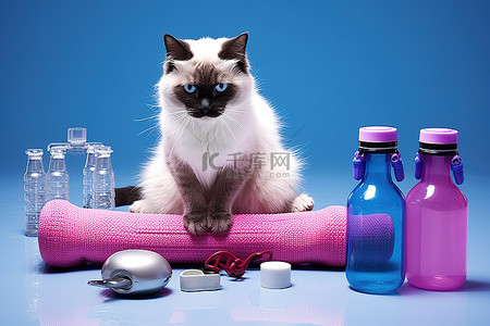 一只暹罗猫坐着，戴着瓶子手套哑铃和水瓶，上面有仓鼠