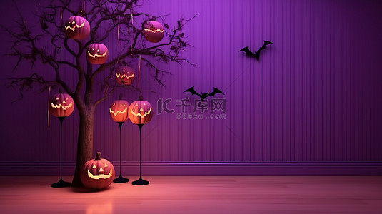 南瓜灯背景图片_紫色背景下南瓜灯蝙蝠和干树的怪异万圣节场景 3D 渲染