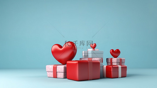 礼包红色促销背景图片_3D 礼品盒和心形横幅逼真的节日促销