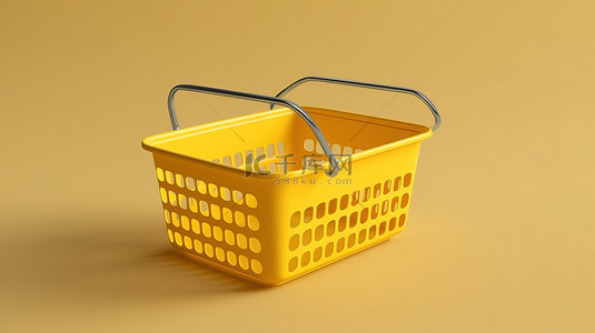 黄色购物篮的 3D 渲染，带有坚固的铁手柄，没有内容