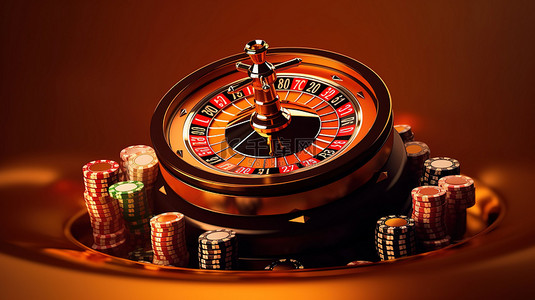 橙色背景下真实的 3D 在线赌场轮盘赌轮和老虎机体现了赌博的刺激