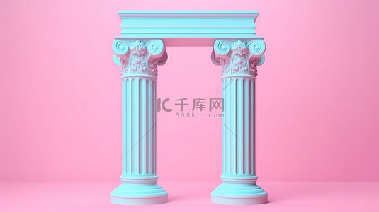 双色调风格的古希腊柱拱，粉红色背景 3d 渲染上带有经典蓝色色调