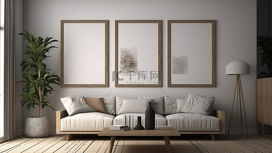 室内家居背景海报背景图片_模拟海报框架装饰了令人惊叹的 3D 客厅