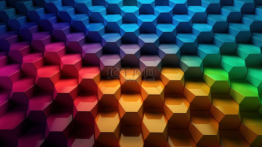 彩色彩虹蜂窝墙的 3D 插图，具有抽象六边形技术背景