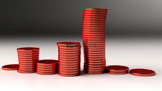 白色背景的金融胜利 3D 渲染，硬币堆顶部有红色向上箭头