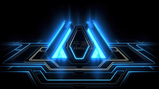黑色背景上未来科幻风格的蓝色霓虹灯形状的 3D 渲染，带有插图空间