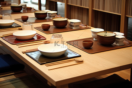 带木质餐具和盘子的日式餐厅